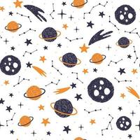 Seamless pattern with cartoon planets, stars and comets. Vector