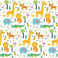 Seamless pattern wild animals in jungle. Kids vector