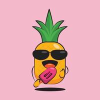 Cute pineapple mascot eating ice cream vector design