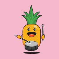 lindo personaje de fruta de piña tocando la batería vector