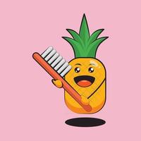 lindo personaje de fruta de piña sosteniendo un cepillo de dientes vector