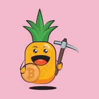 Cute pineapple cartoon mining bitcoin vector