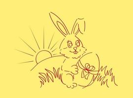 Vector outline rabbit illustration, bunny holding egg gift,