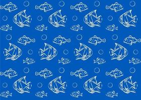 Vector seamless pattern aquarium fishes, white outline fish on blue