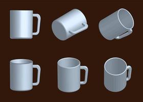 Colección de tazas blancas vectoriales, juego de tazas en diferentes posiciones vector