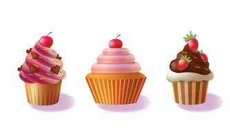 Vector set of cupcakes isolated on white background, decorative cakes, decorated cupcakes illustration