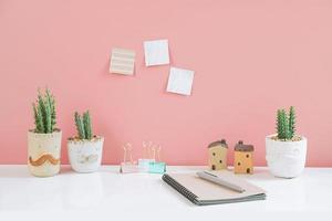 Succulents or cactus in clay pots plants in different pots. Potted cactus house plants on white shelf against pink wall photo