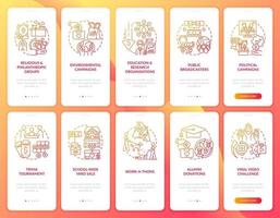 Fundraising events onboarding mobile app page screens set vector