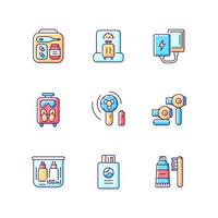 Airplane passenger travelling things RGB color icons set vector