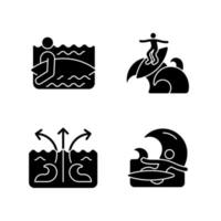 Riding wave using board black glyph icons set on white space vector