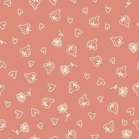 Doodle style strawberries, flowers and hearts romantic seamless pattern vector