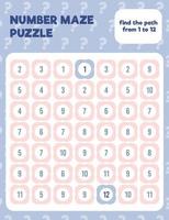 Math number maze puzzle. Prinatble math worksheet page. vector