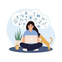 Online Working Woman Freelancer with Cat vector