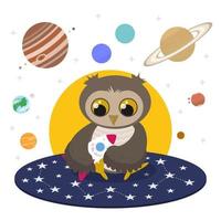 Cartoon Baby Owl with Rocket, Planets and Stars vector