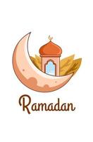 Mosque and moon at ramadan mubarak cartoon illustration vector