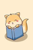 Cute and sad cat with book animal cartoon illustration vector