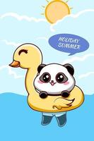 Little panda swimming in summer holiday cartoon illustration vector