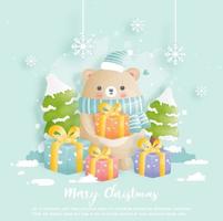 Christmas card, celebrations with cute bear holding a gift box vector