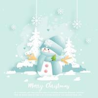 tarjeta de navidad, celebraciones con lindo muñeco de nieve y escena navideña vector