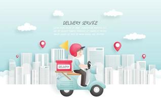 Delivery boy delivering a package to town with scooter. vector