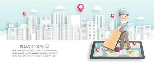 Online order and delivery with delivery boy and scooter vector