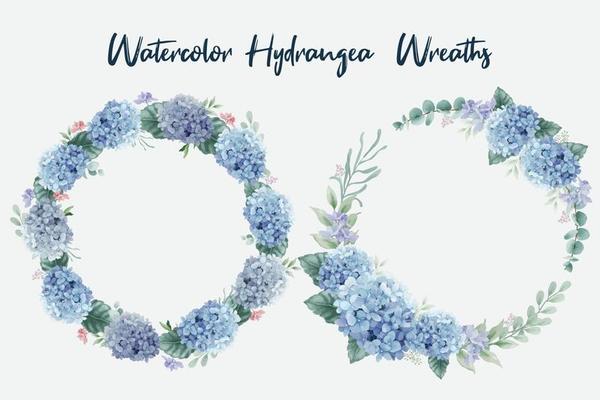 Watercolor Blue Hydrangea Flowers Wreaths