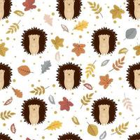 Cute hedgehogs with leaves. Seamless autumn pattern. vector