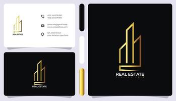 edificio de lujo, logotipo de bienes raíces y construcción y tarjeta de visita. vector