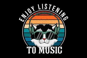 enjoy listening to music illustration retro design with cat vector