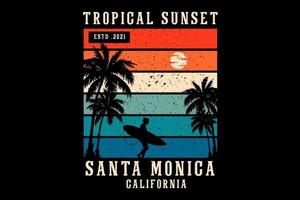 puesta de sol tropical santa mónica silueta diseño estilo retro vector