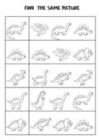 Find two the same dinosaurs. Black and white worksheet. vector
