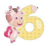 Cute six number with baby giraffe cartoon illustration vector