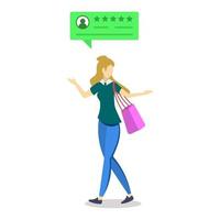 Woman with positive review bubble semi flat color vector illustration