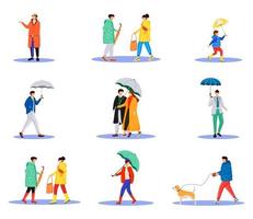 People with umbrellas flat color vector faceless characters set