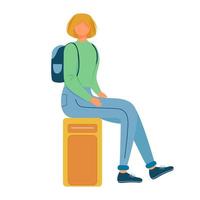 Girl sitting on suitcase flat vector illustration