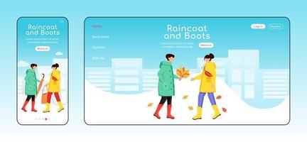 Raincoat and boots landing page flat color vector template