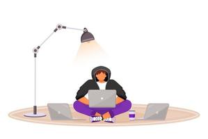 Young man in hoodie with several laptops flat color vector character