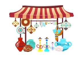 Eastern market tent with handcrafted souvenirs cartoon illustration vector