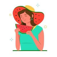 Girl with hat and slice of watermelon in hands. Cute summer woman. vector