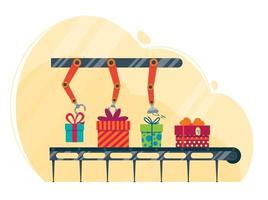 Festive gifts conveyor. Magic factory packs gifts boxes vector