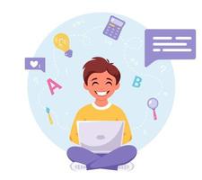 Boy studying with computer. Online learning, back to school vector