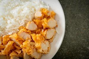 Fried chicken topped on rice with spicy dipping sauce photo