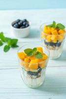 Homemade fresh mango and fresh blueberry with yogurt and granola - healthy food style photo