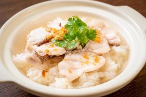 Porridge or boiled rice soup with fish bowl photo