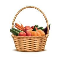 Wicker Basket Vegetables Realistic Vector Illustration