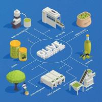 Ilustración de vector de diagrama de flujo isométrico de producción de aceitunas