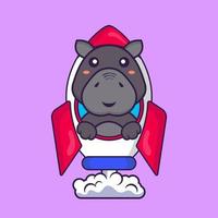 Cute hippopotamus flying on rocket. Animal cartoon concept. vector