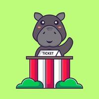 Cute hippopotamus is being a ticket keeper. Animal cartoon concept. vector