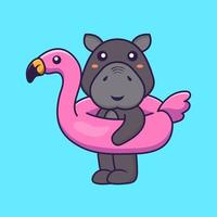 Cute hippopotamus With flamingo buoy. Animal cartoon concept. vector