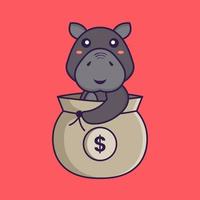 Cute hippopotamus in a money bag. Animal cartoon concept. vector